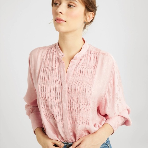 NEW Mille Sz Medium Pink Floral Jacquard Keaton Tuxedo Top Pleated Tunic Boho - Picture 1 of 10